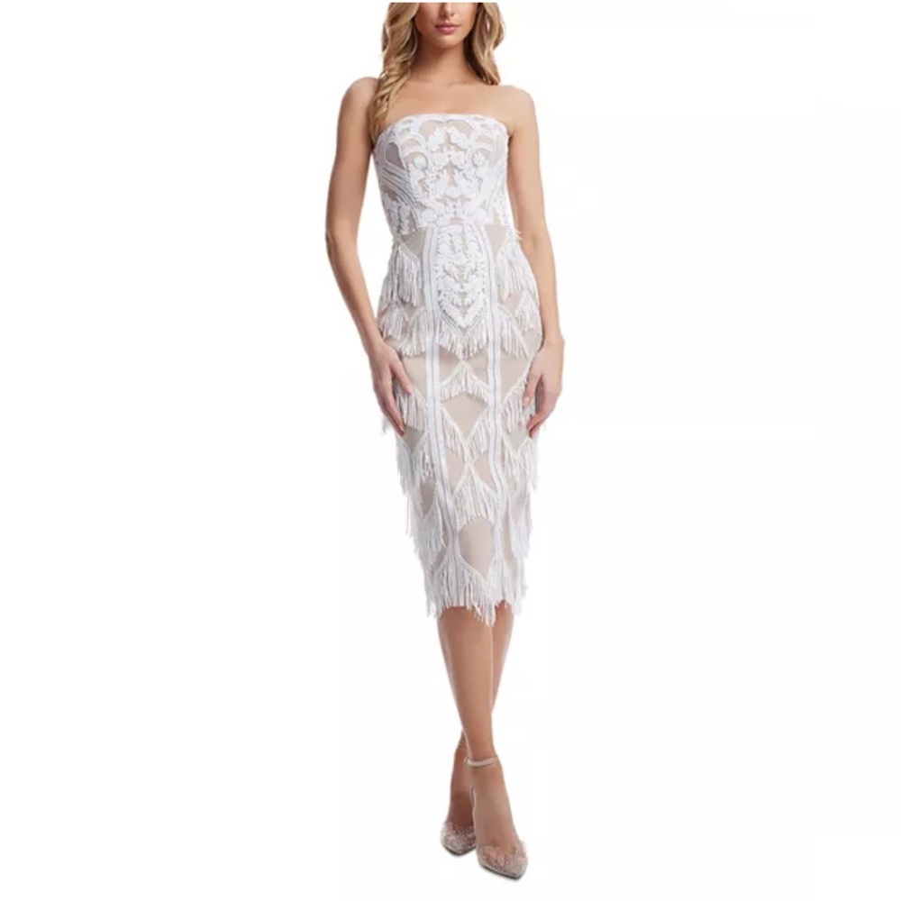 Dress the Population Viviana Fringe Dress, White, XXS